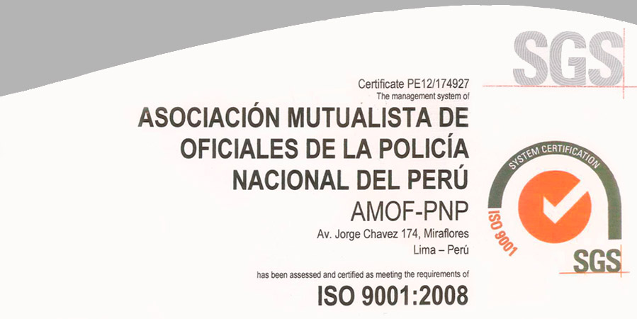 Certificación ISO 2015 AMOF-PNP Adolfo Mattos Vinces Administrador Judicial